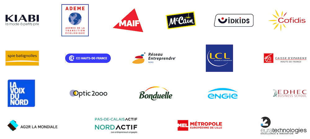 Mapping des logos en couleur des références clients de Madame Pitch, notamment Cofidis, Kiabi, La Voix du Nord, Covea, ...